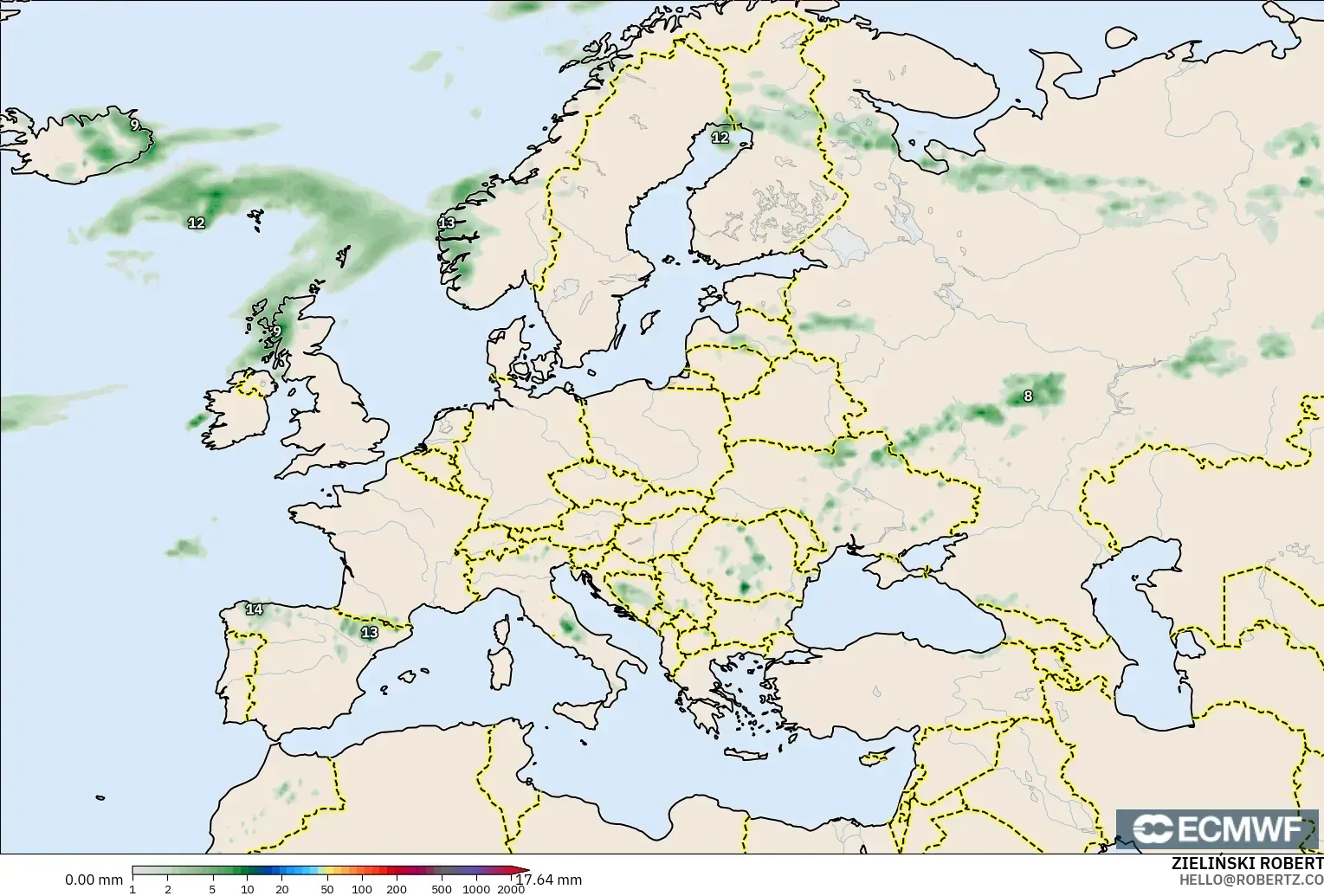 ECMWF IFS 0.25° modelo - Europa, Acumulación de precipitación