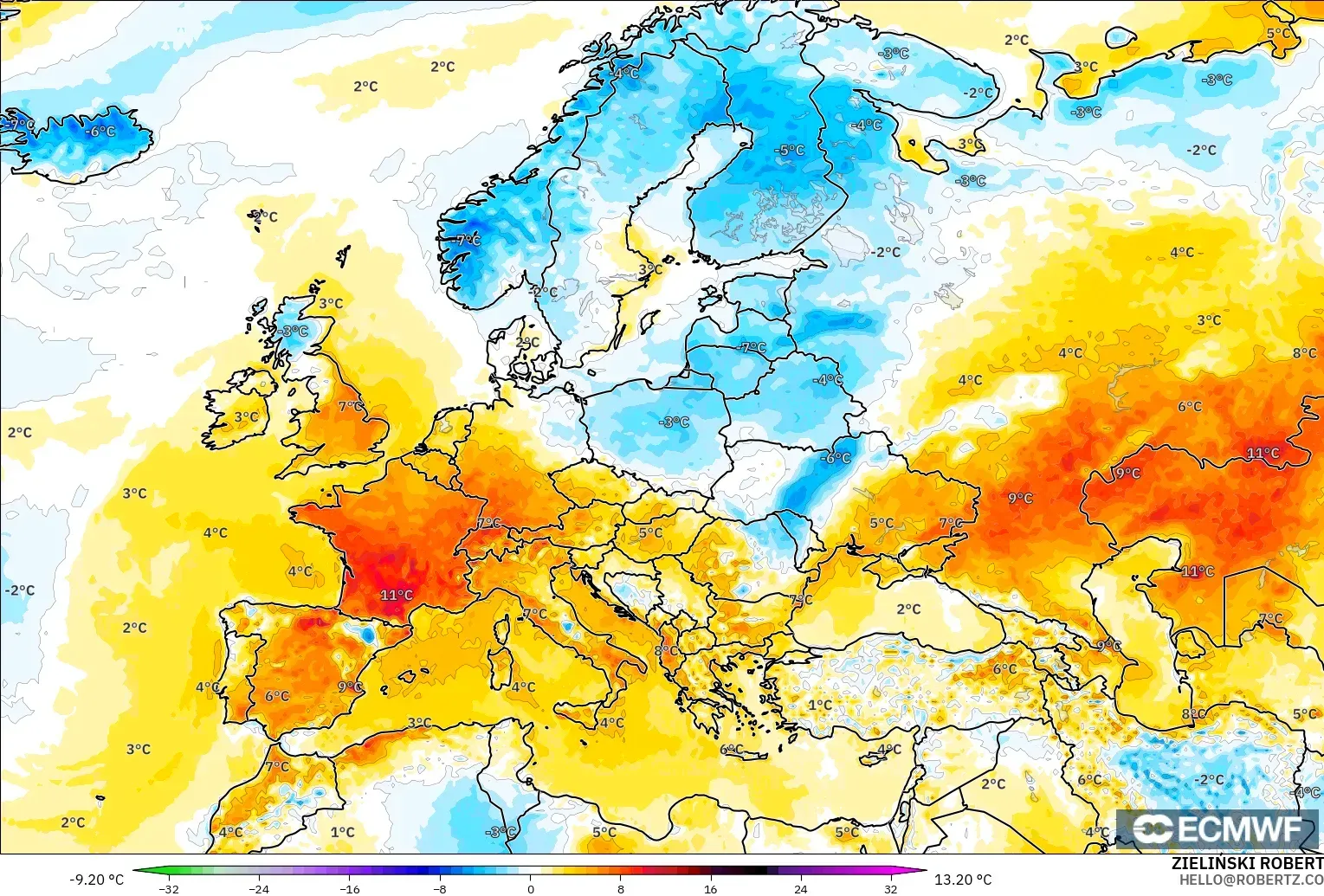 ECMWF IFS 0.25° modelo - Europa, Anomalía de temperatura a 2 m
