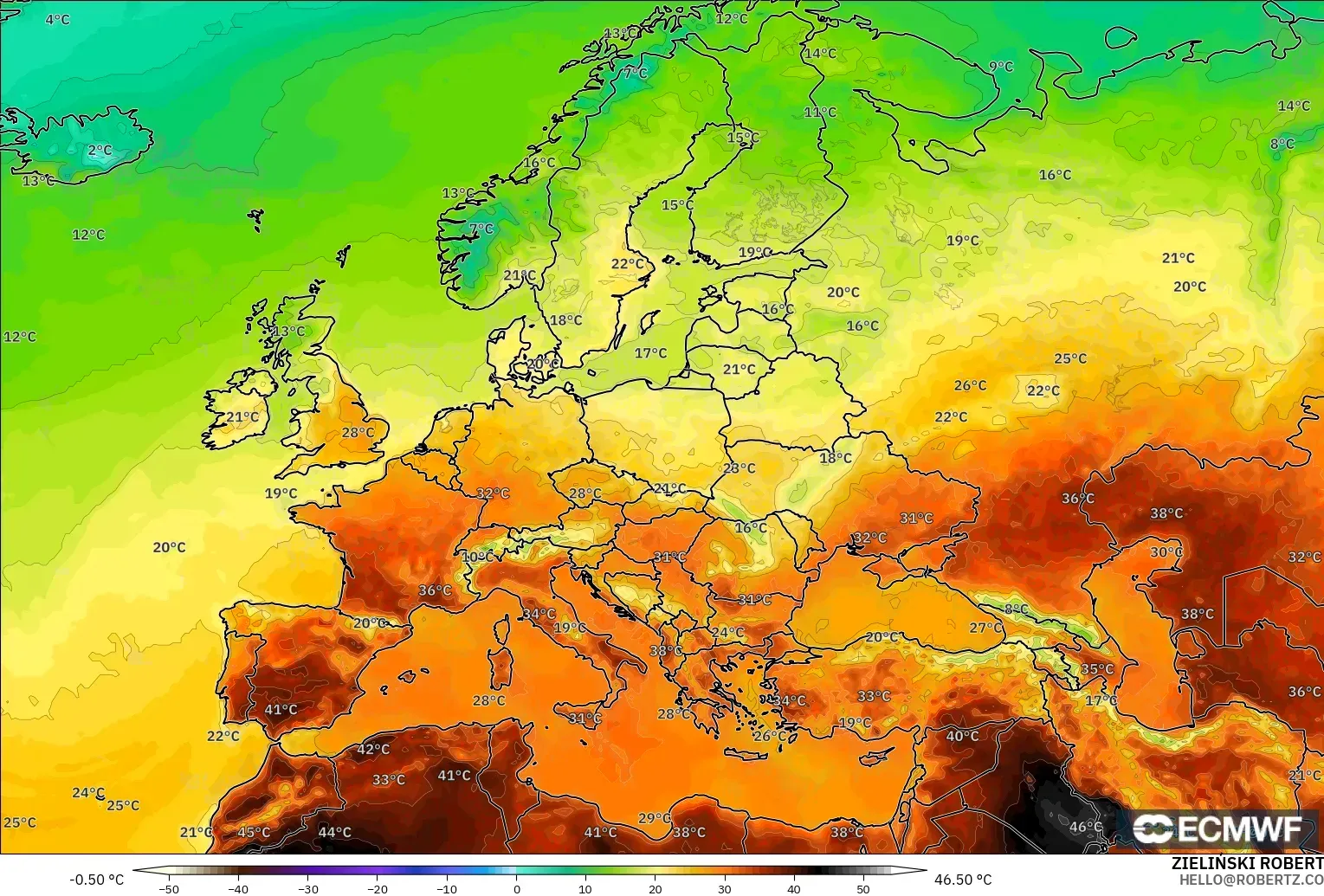 ECMWF IFS 0.25° modelo - Europa, Temperatura a 2 m