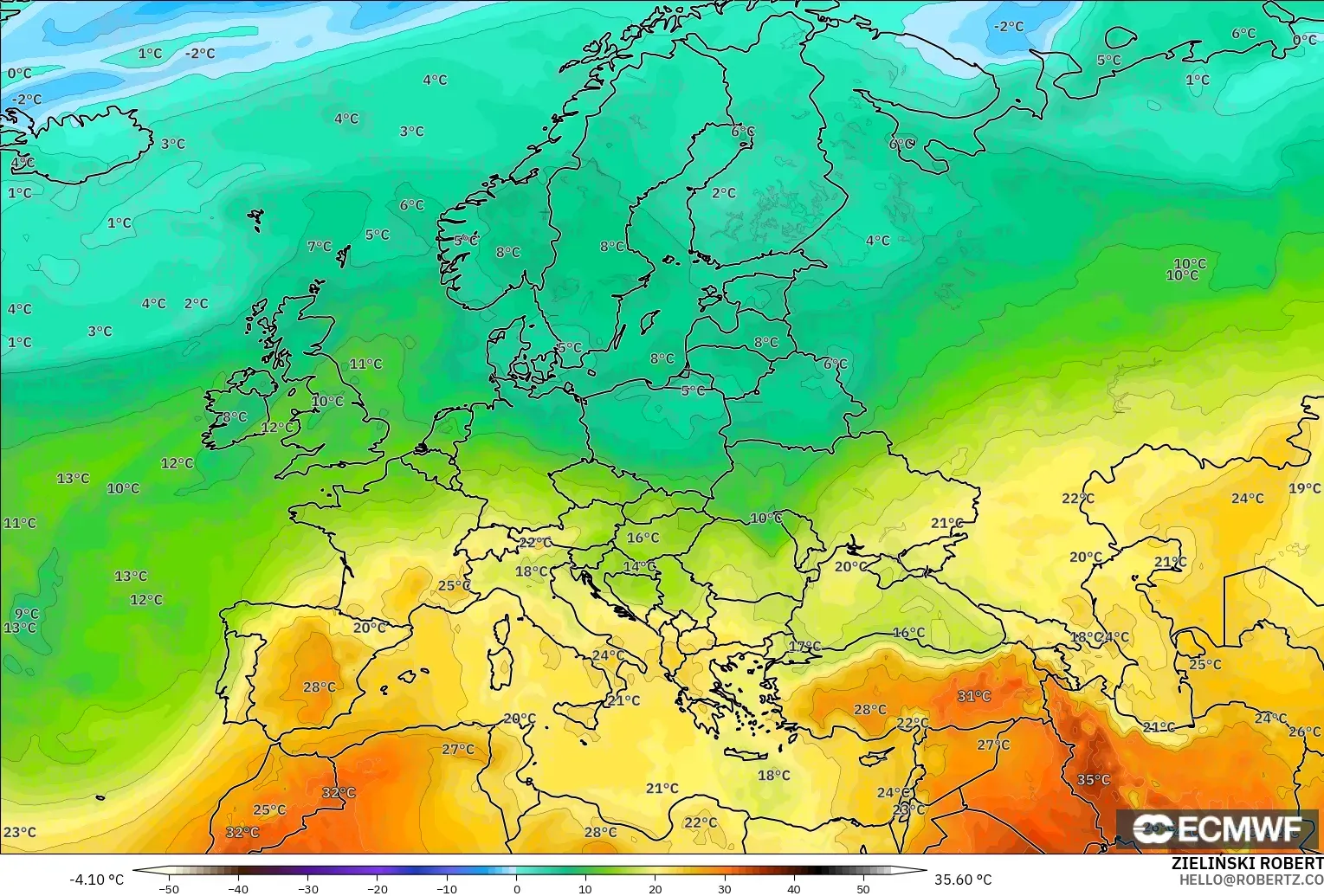 ECMWF IFS 0.25° modelo - Europa, Temperatura a 850 hPa
