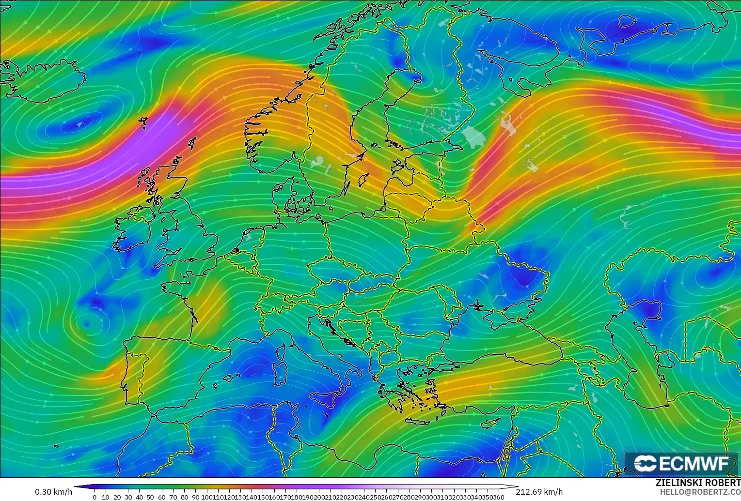 ECMWF IFS 0.25° modelo - Europa, Viento a 300 hPa (corriente en chorro)