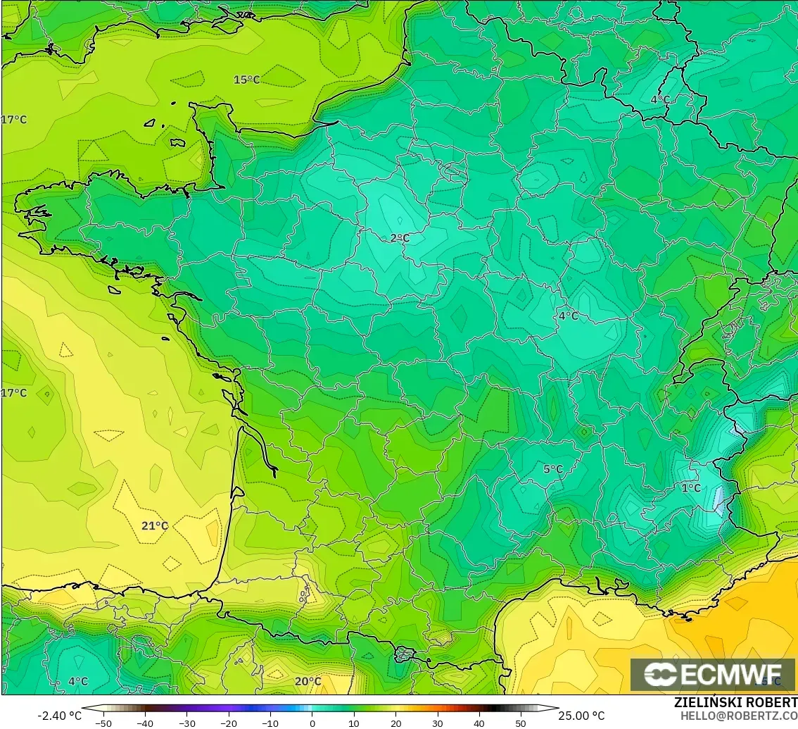 ECMWF IFS 0.25° modelo - Francia, Punto de rocío a 2 m