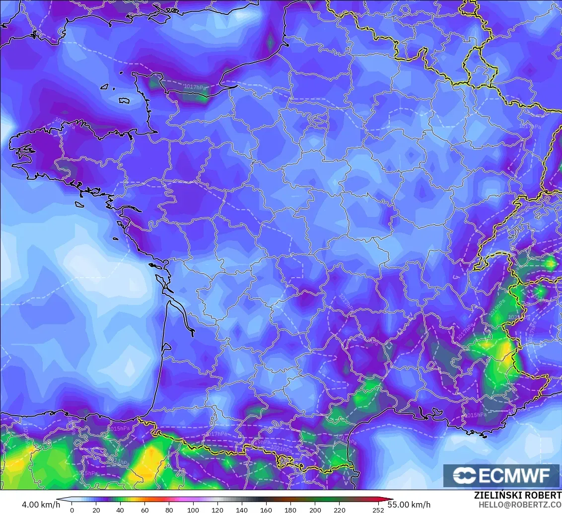 ECMWF IFS 0.25° modelo - Francia, Ráfagas de Viento Máximas