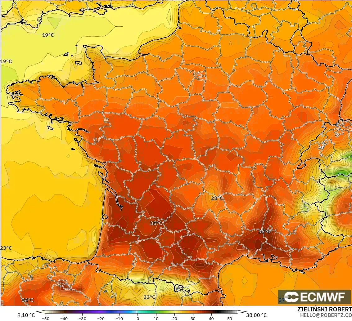 ECMWF IFS 0.25° modelo - Francia, Temperatura a 2 m