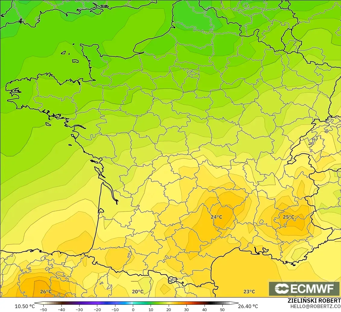 ECMWF IFS 0.25° modelo - Francia, Temperatura a 850 hPa