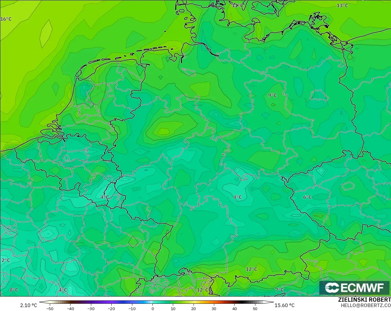ECMWF IFS 0.25° modelo - Alemania, Punto de rocío a 2 m