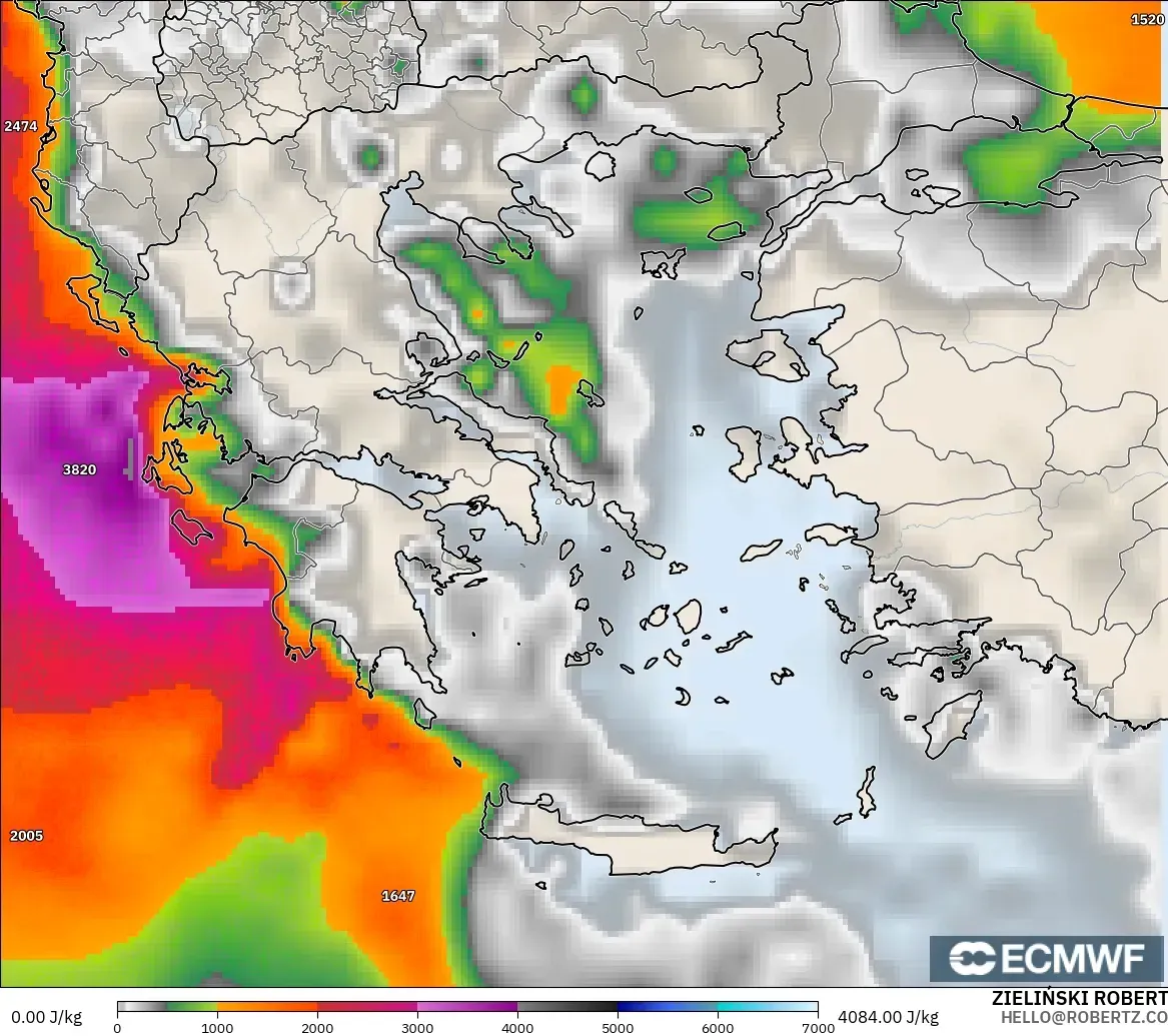 ECMWF IFS 0.25° modelo - Grecia, CAPE