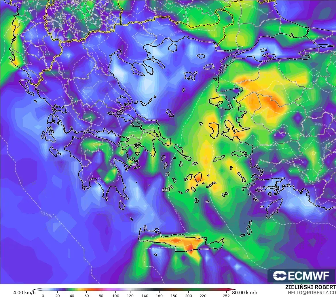 ECMWF IFS 0.25° modelo - Grecia, Ráfagas de viento