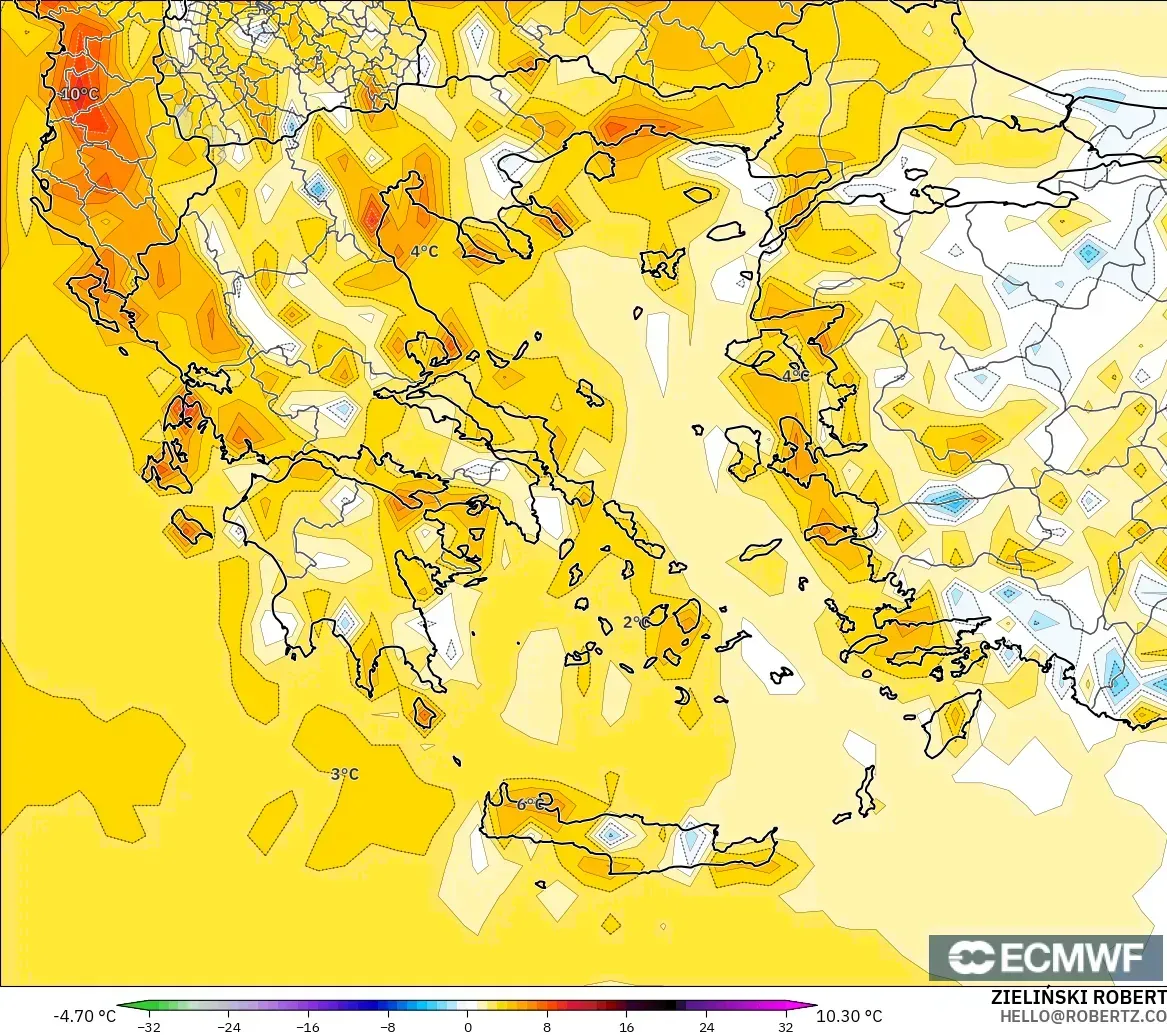 ECMWF IFS 0.25° modelo - Grecia, Anomalía de temperatura a 2 m