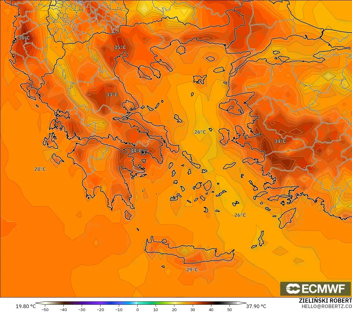 ECMWF IFS 0.25° modelo - Grecia, Temperatura a 2 m