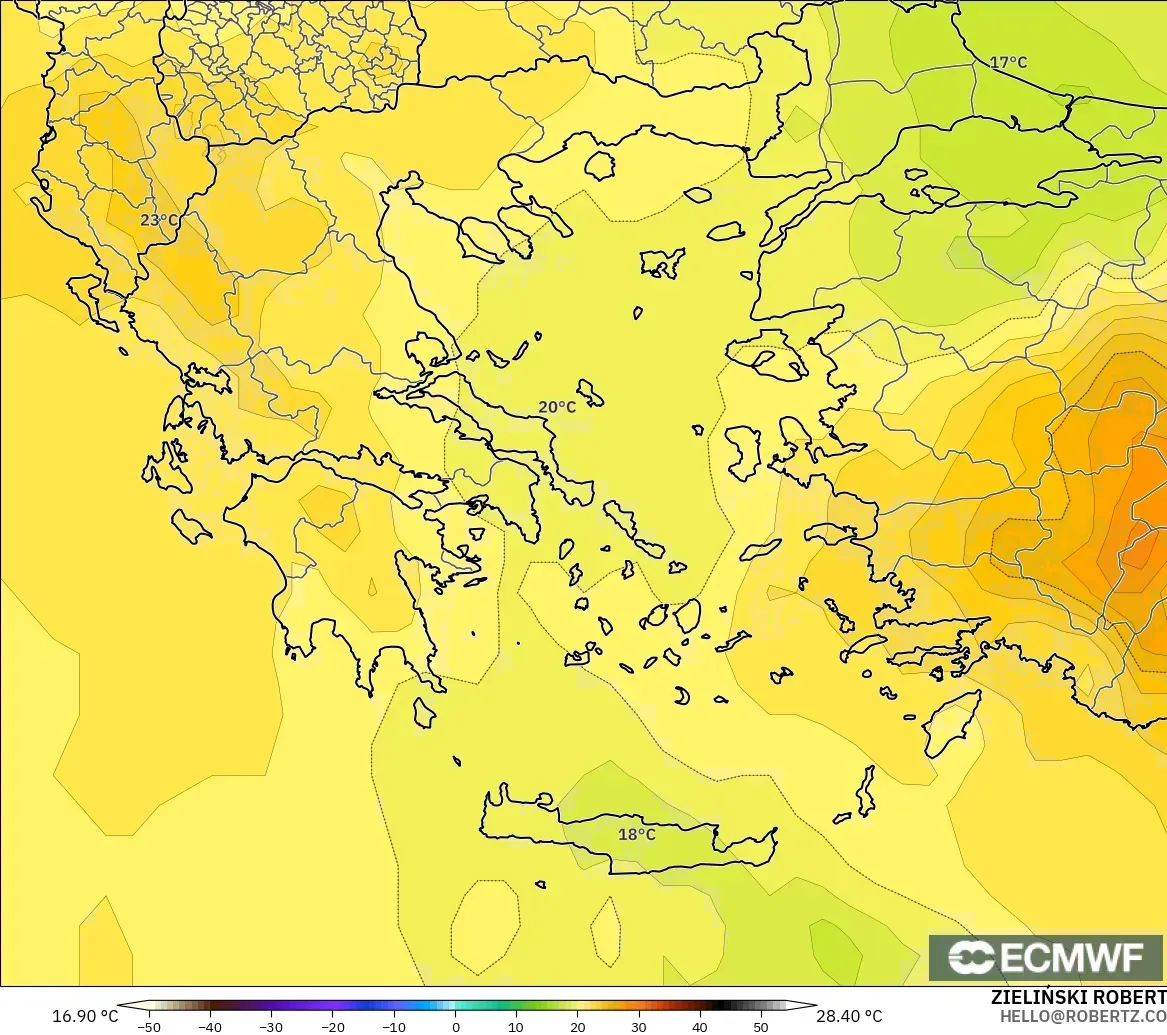 ECMWF IFS 0.25° modelo - Grecia, Temperatura a 850 hPa