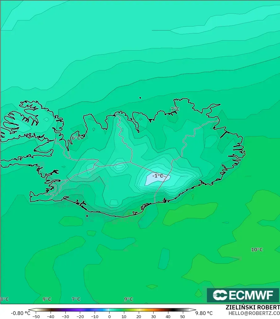 ECMWF IFS 0.25° modelo - Islandia, Punto de rocío a 2 m