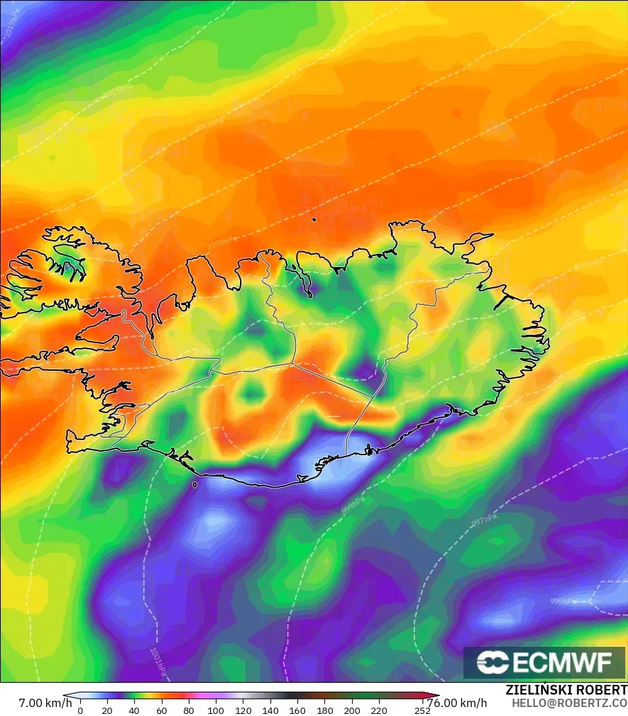 ECMWF IFS 0.25° modelo - Islandia, Ráfagas de Viento Máximas