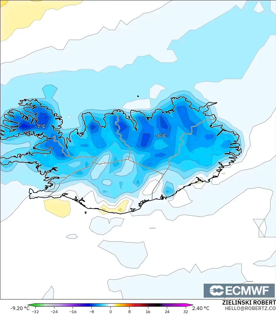 ECMWF IFS 0.25° modelo - Islandia, Anomalía de temperatura a 2 m