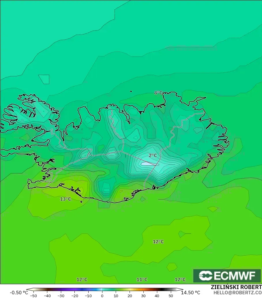 ECMWF IFS 0.25° modelo - Islandia, Temperatura a 2 m