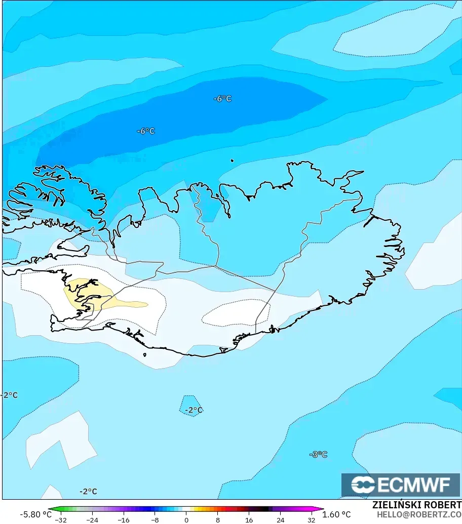 ECMWF IFS 0.25° modelo - Islandia, Anomalía de temperatura a 850 hPa