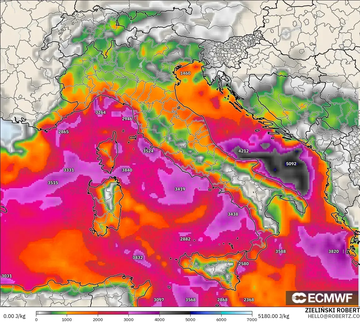 ECMWF IFS 0.25° modelo - Italia, CAPE