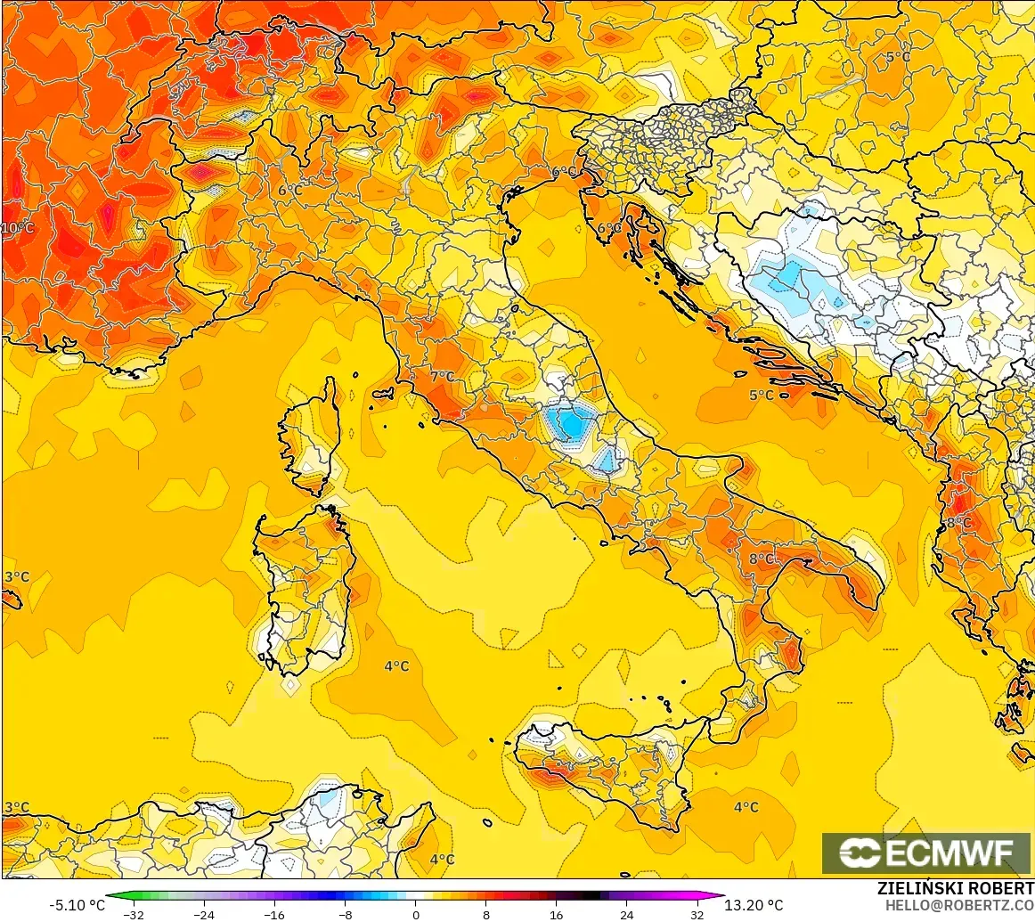 ECMWF IFS 0.25° modelo - Italia, Anomalía de temperatura a 2 m