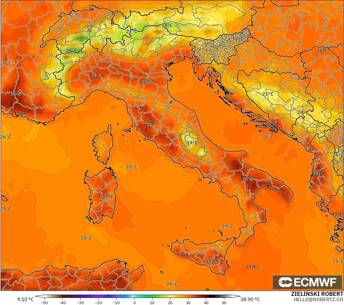 ECMWF IFS 0.25° modelo - Italia, Temperatura a 2 m