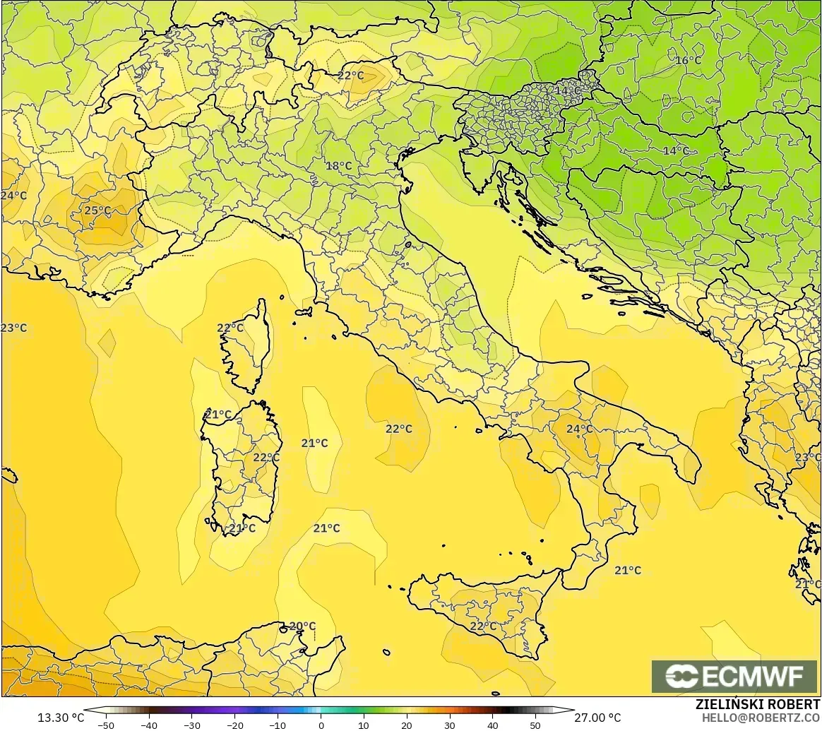 ECMWF IFS 0.25° modelo - Italia, Temperatura a 850 hPa