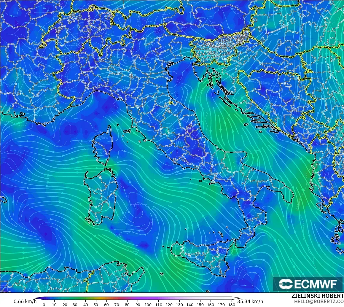 ECMWF IFS 0.25° modelo - Italia, Viento a 10 m