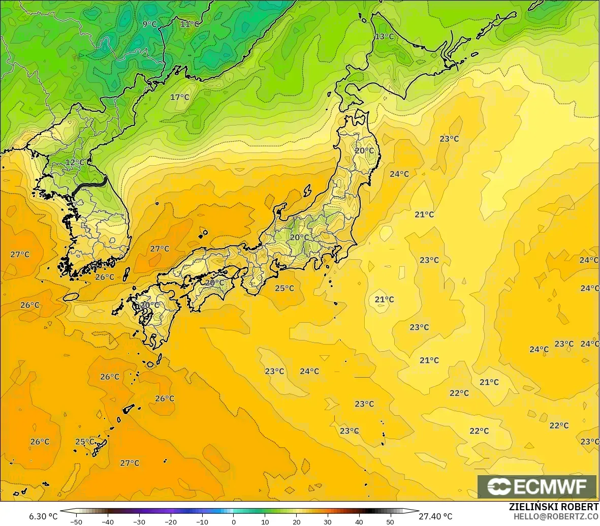 ECMWF IFS 0.25° modelo - Japón, Punto de rocío a 2 m