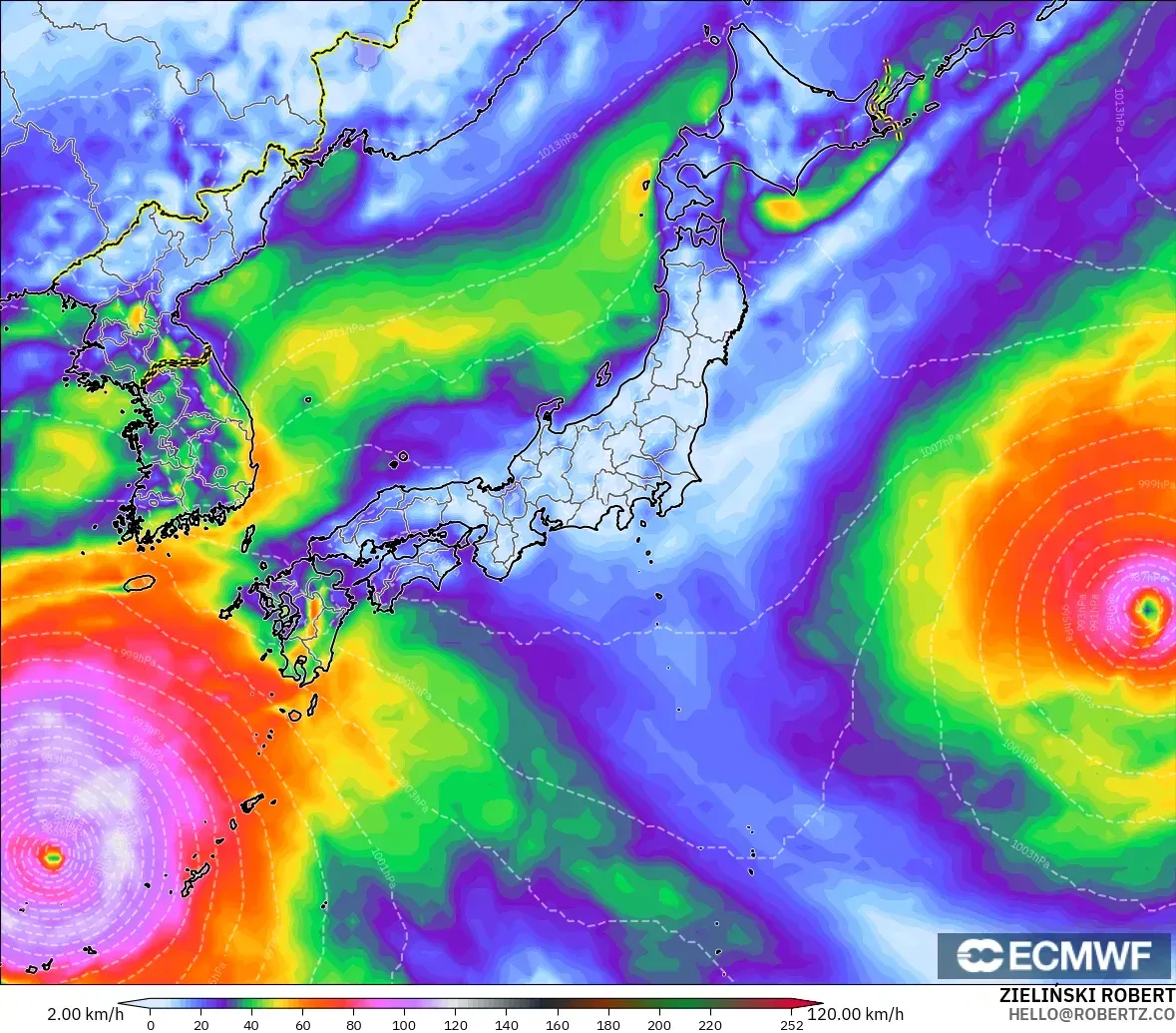 ECMWF IFS 0.25° modelo - Japón, Ráfagas de viento