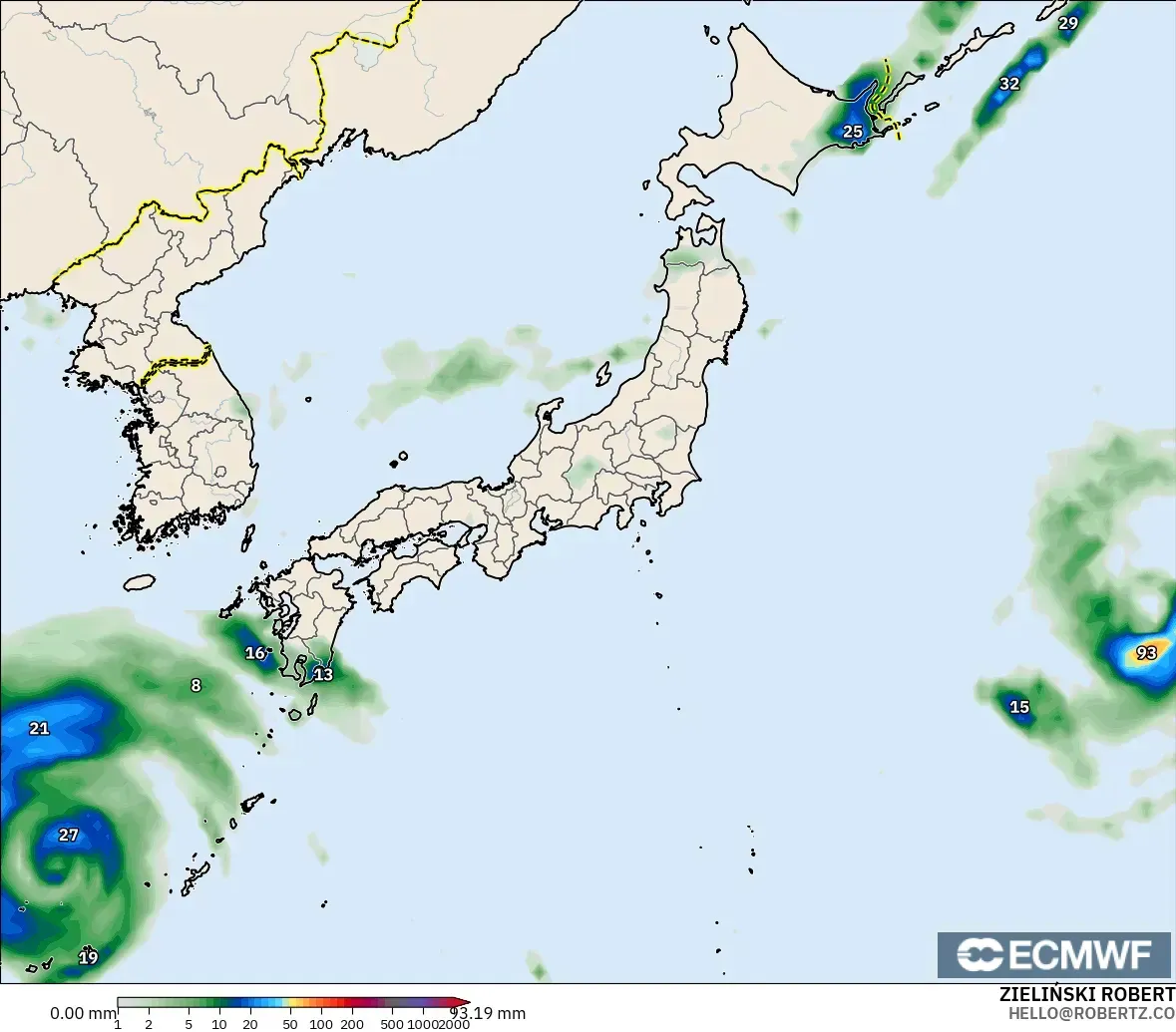 ECMWF IFS 0.25° modelo - Japón, Acumulación de precipitación