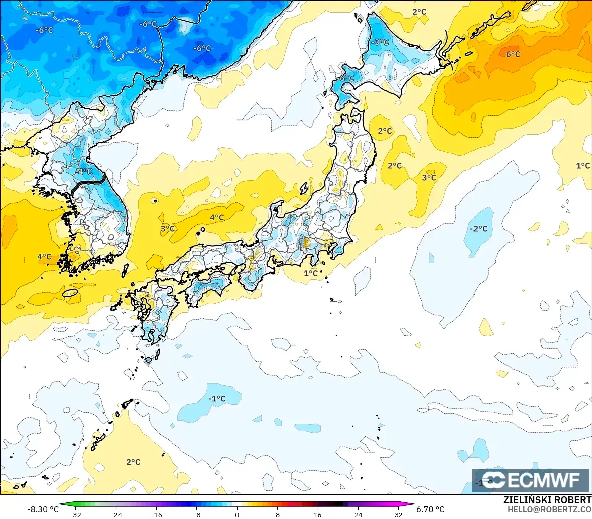 ECMWF IFS 0.25° modelo - Japón, Anomalía de temperatura a 2 m