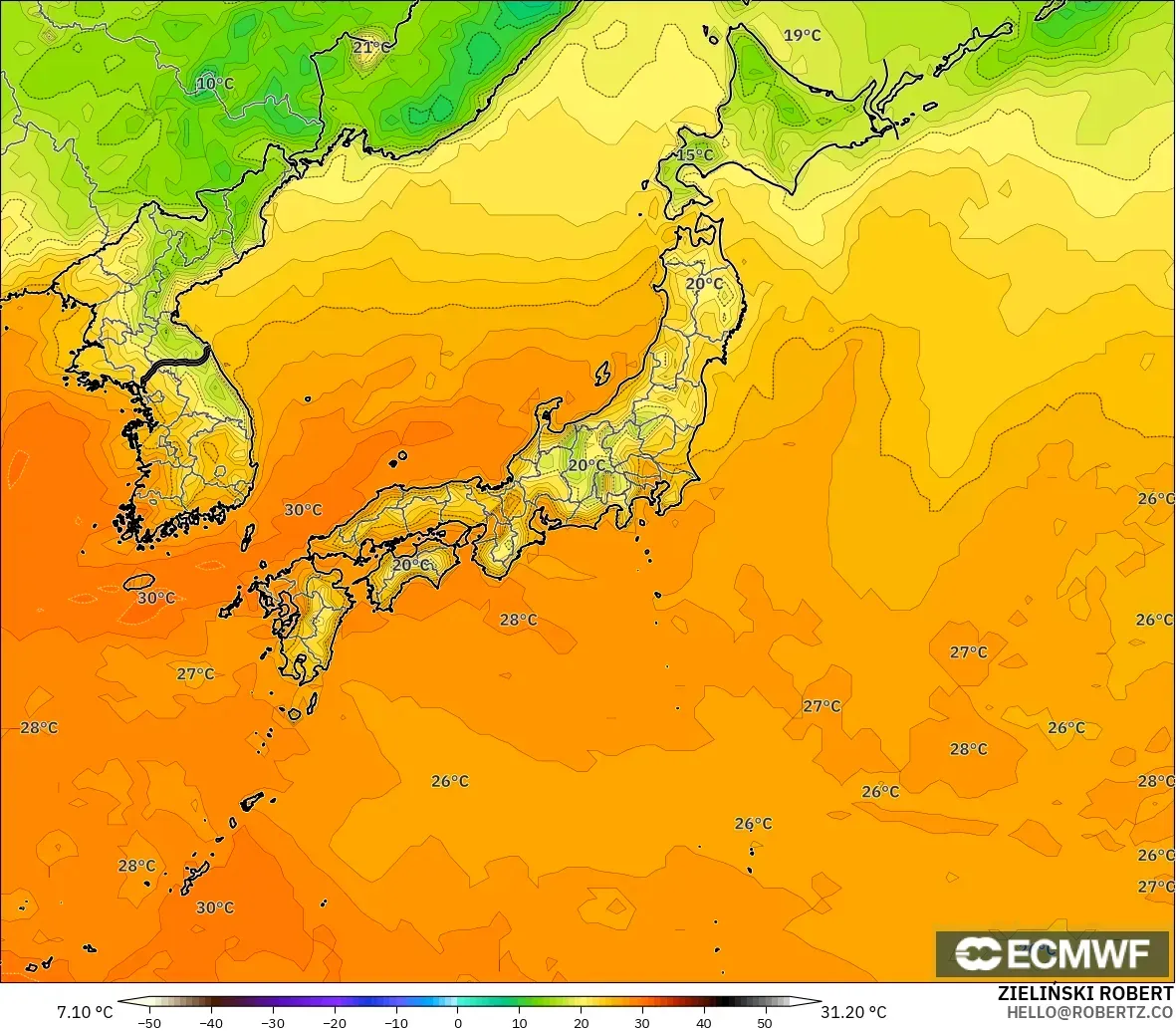 ECMWF IFS 0.25° modelo - Japón, Temperatura a 2 m