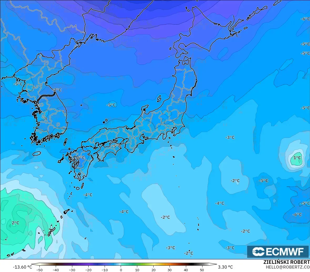 ECMWF IFS 0.25° modelo - Japón, Temperatura a 500 hPa