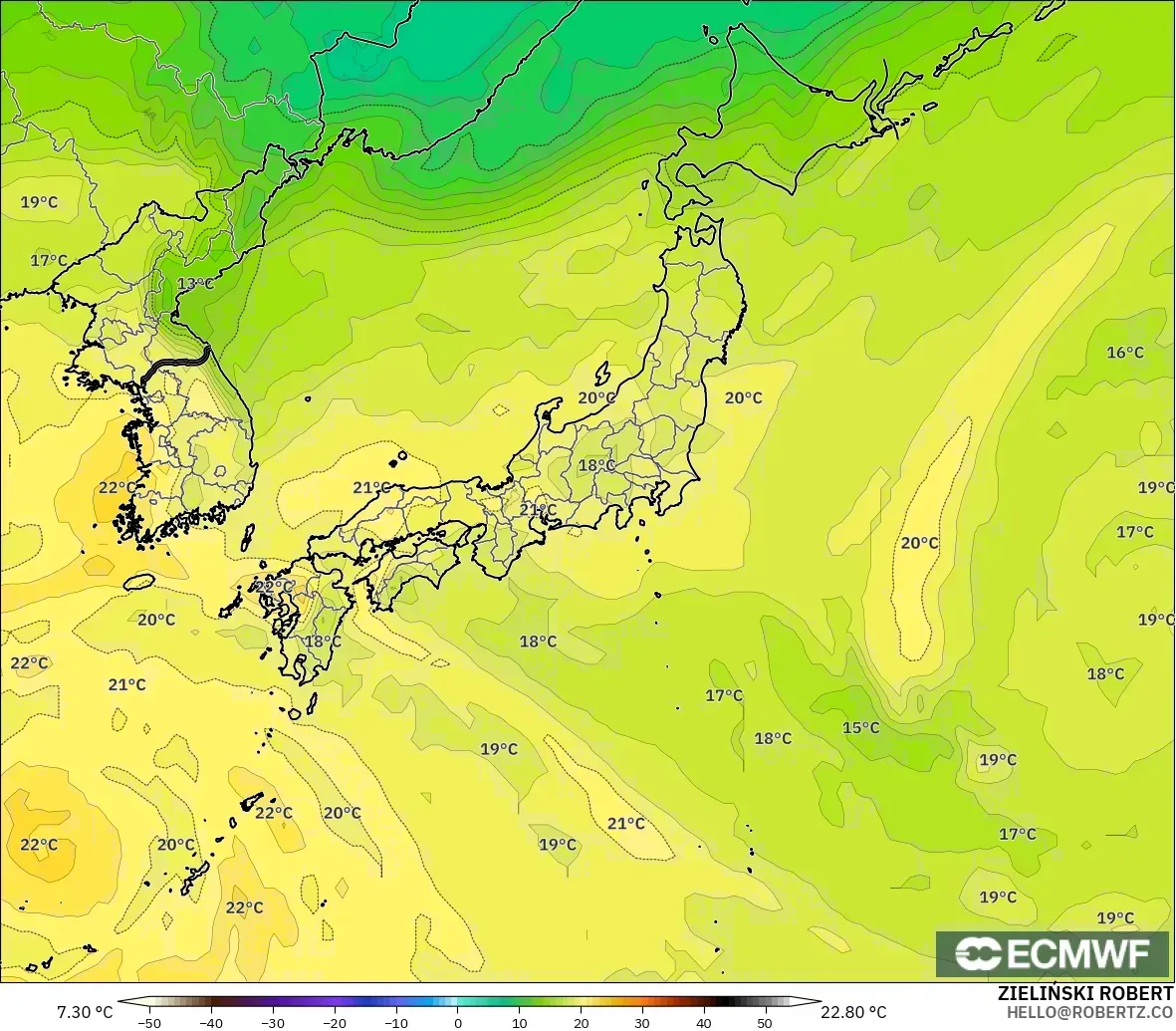ECMWF IFS 0.25° modelo - Japón, Temperatura a 850 hPa