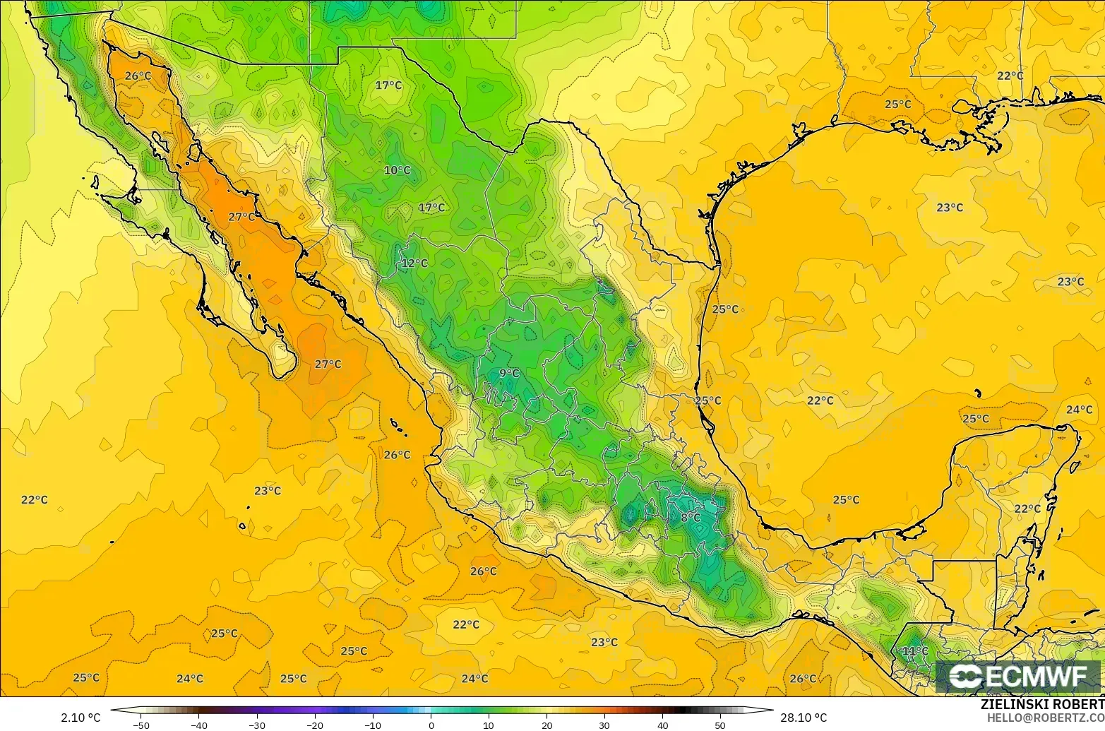 ECMWF IFS 0.25° modelo - México, Punto de rocío a 2 m