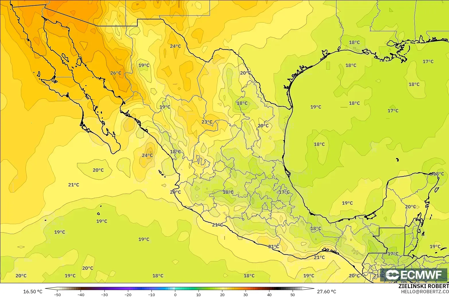 ECMWF IFS 0.25° modelo - México, Temperatura a 850 hPa