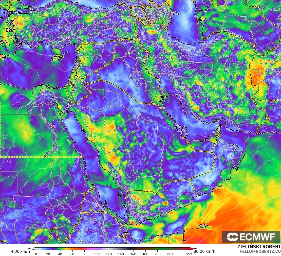 ECMWF IFS 0.25° modelo - Oriente Medio, Ráfagas de Viento Máximas