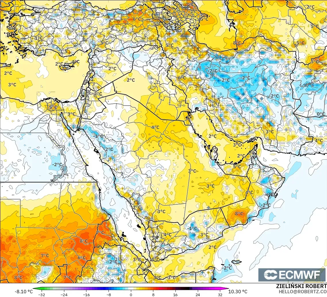 ECMWF IFS 0.25° modelo - Oriente Medio, Anomalía de temperatura a 2 m