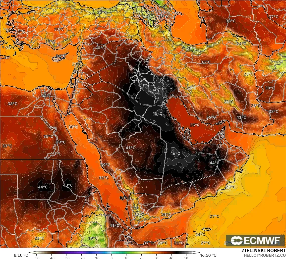 ECMWF IFS 0.25° modelo - Oriente Medio, Temperatura a 2 m
