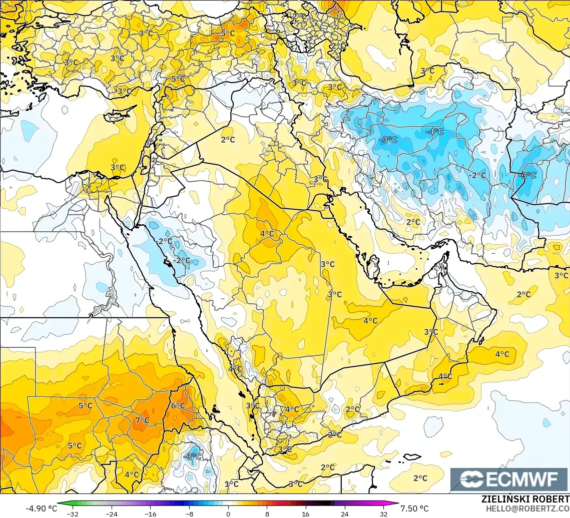 ECMWF IFS 0.25° modelo - Oriente Medio, Anomalía de temperatura a 850 hPa