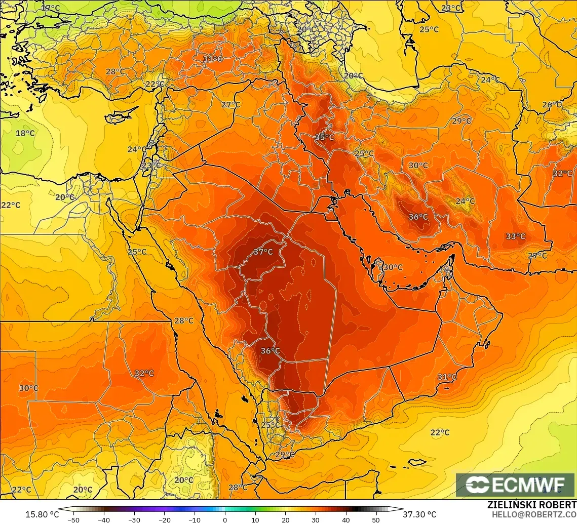 ECMWF IFS 0.25° modelo - Oriente Medio, Temperatura a 850 hPa
