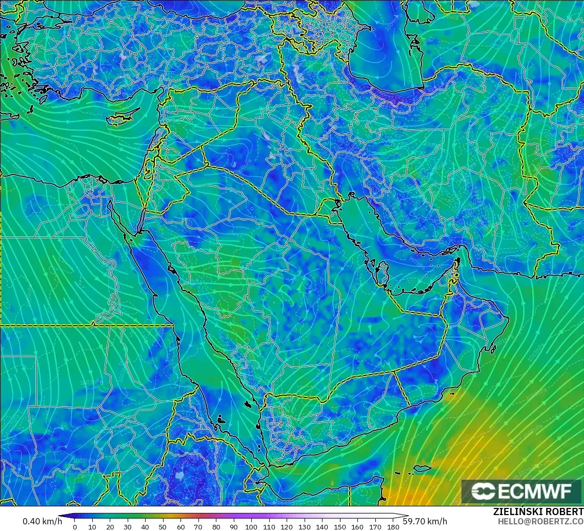 ECMWF IFS 0.25° modelo - Oriente Medio, Viento a 10 m