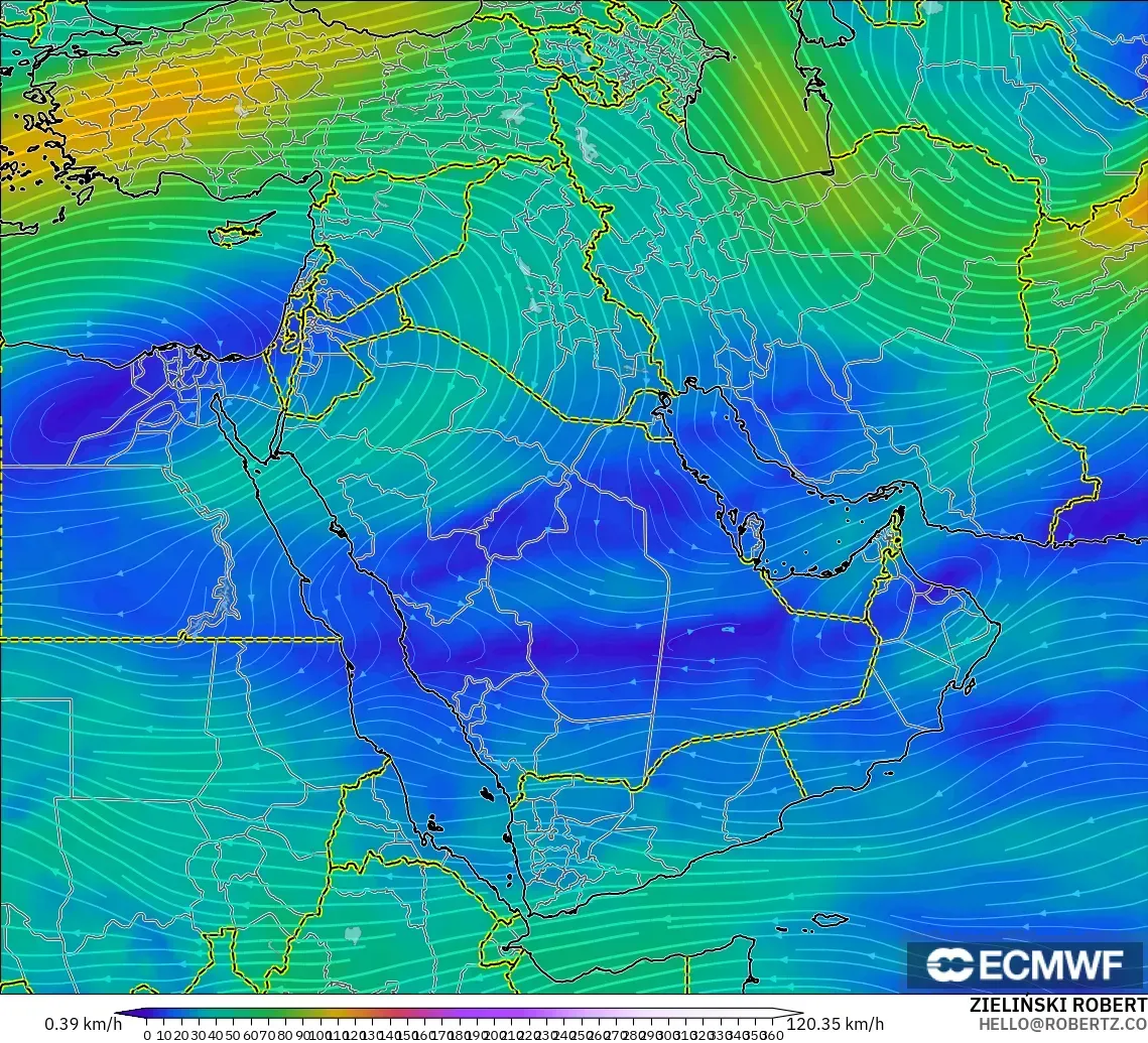 ECMWF IFS 0.25° modelo - Oriente Medio, Viento a 300 hPa (corriente en chorro)