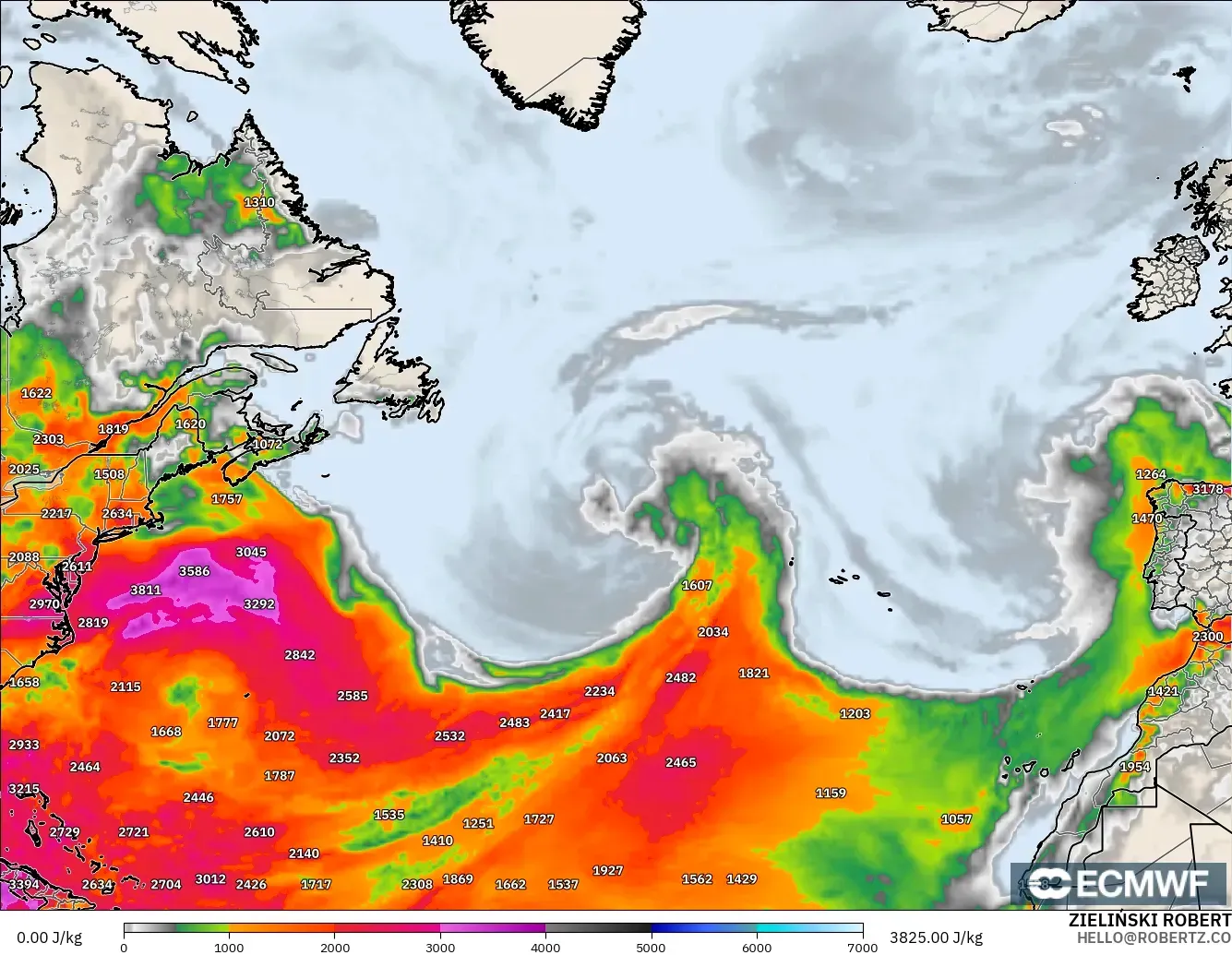ECMWF IFS 0.25° modelo - Norte Atlántico, CAPE