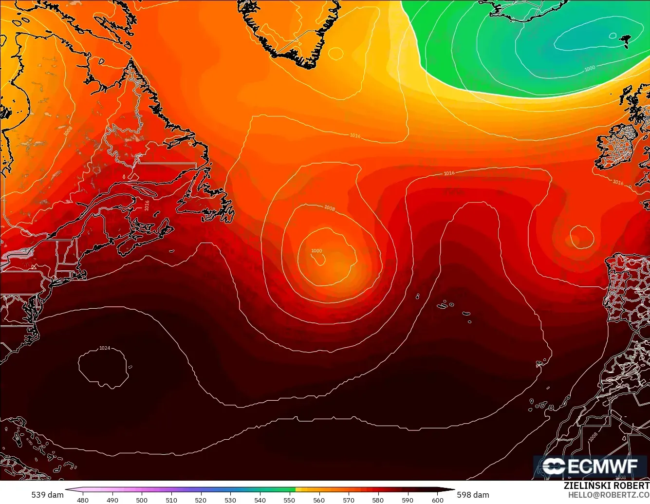 ECMWF IFS 0.25° modelo - Norte Atlántico, Altura geopotencial a 500 hPa