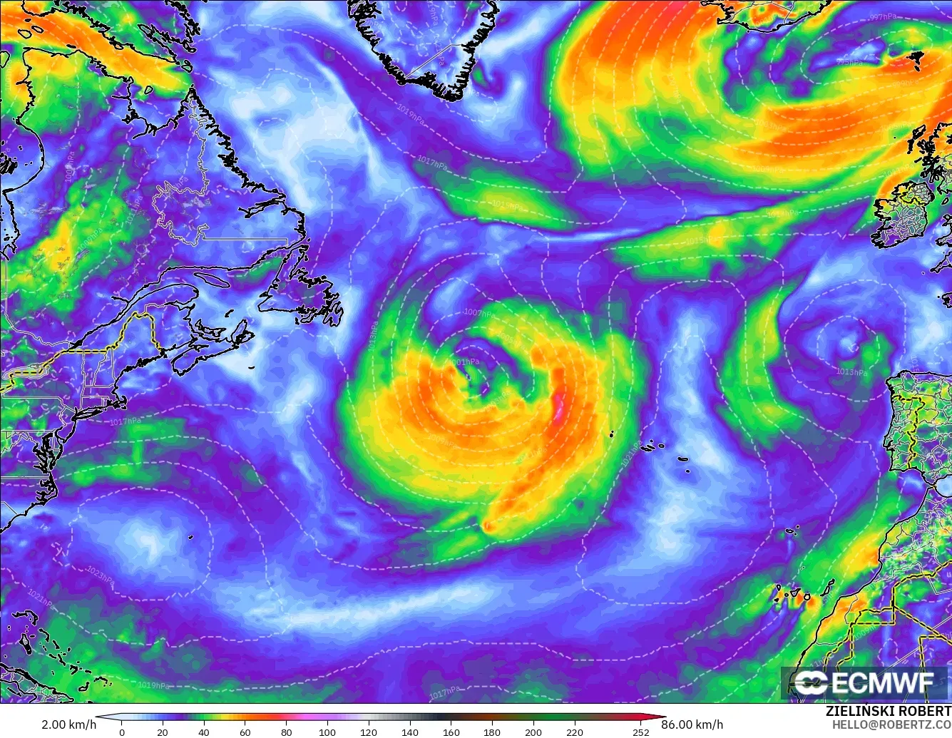 ECMWF IFS 0.25° modelo - Norte Atlántico, Ráfagas de Viento Máximas