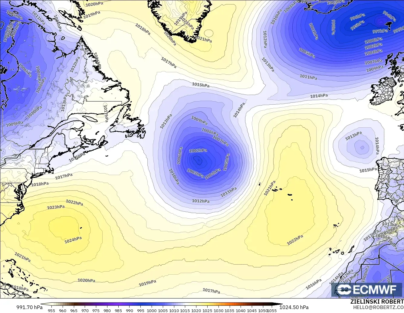 ECMWF IFS 0.25° modelo - Norte Atlántico, Presión