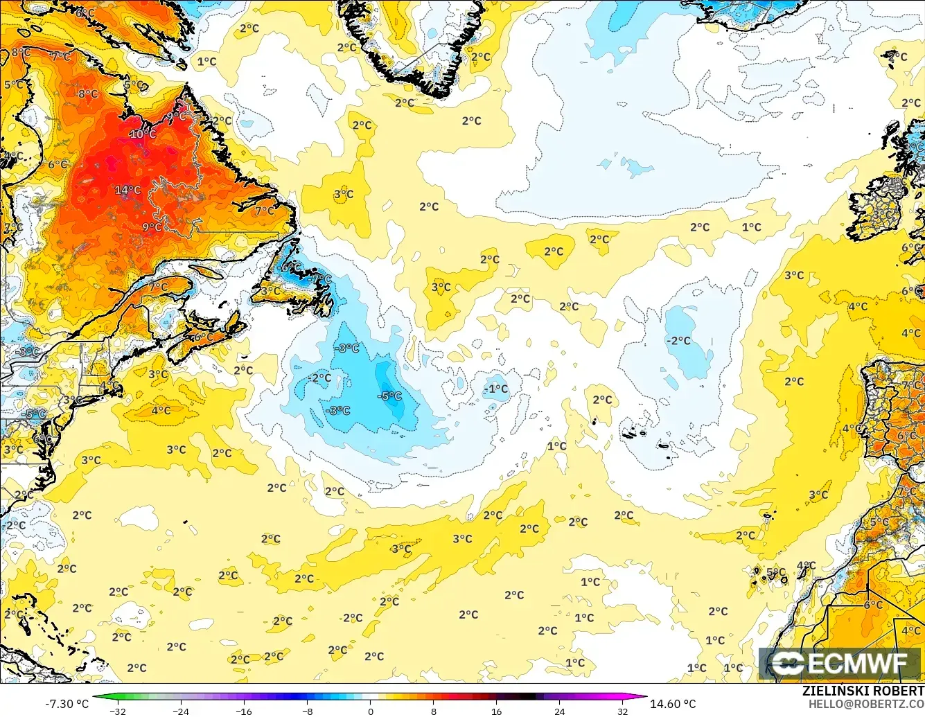 ECMWF IFS 0.25° modelo - Norte Atlántico, Anomalía de temperatura a 2 m