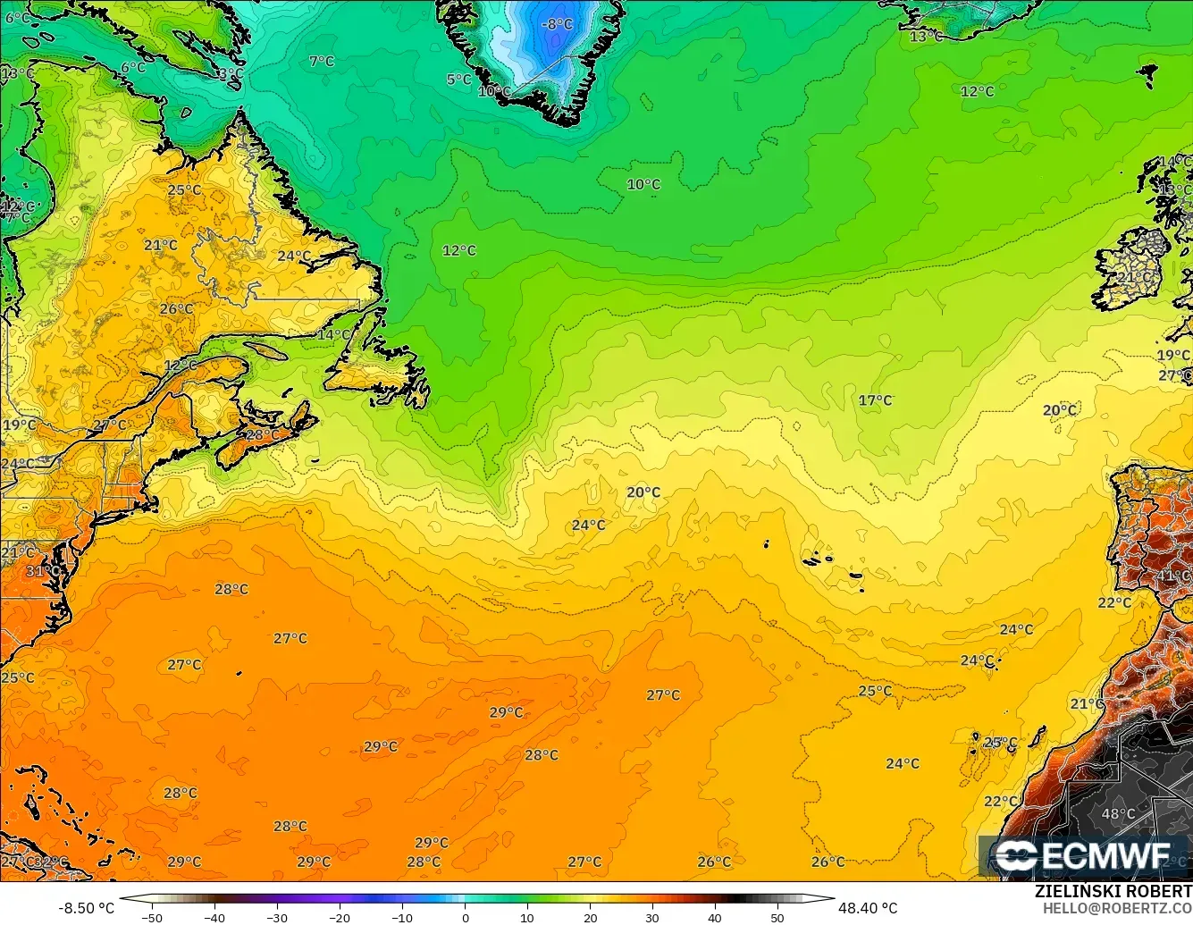 ECMWF IFS 0.25° modelo - Norte Atlántico, Temperatura a 2 m