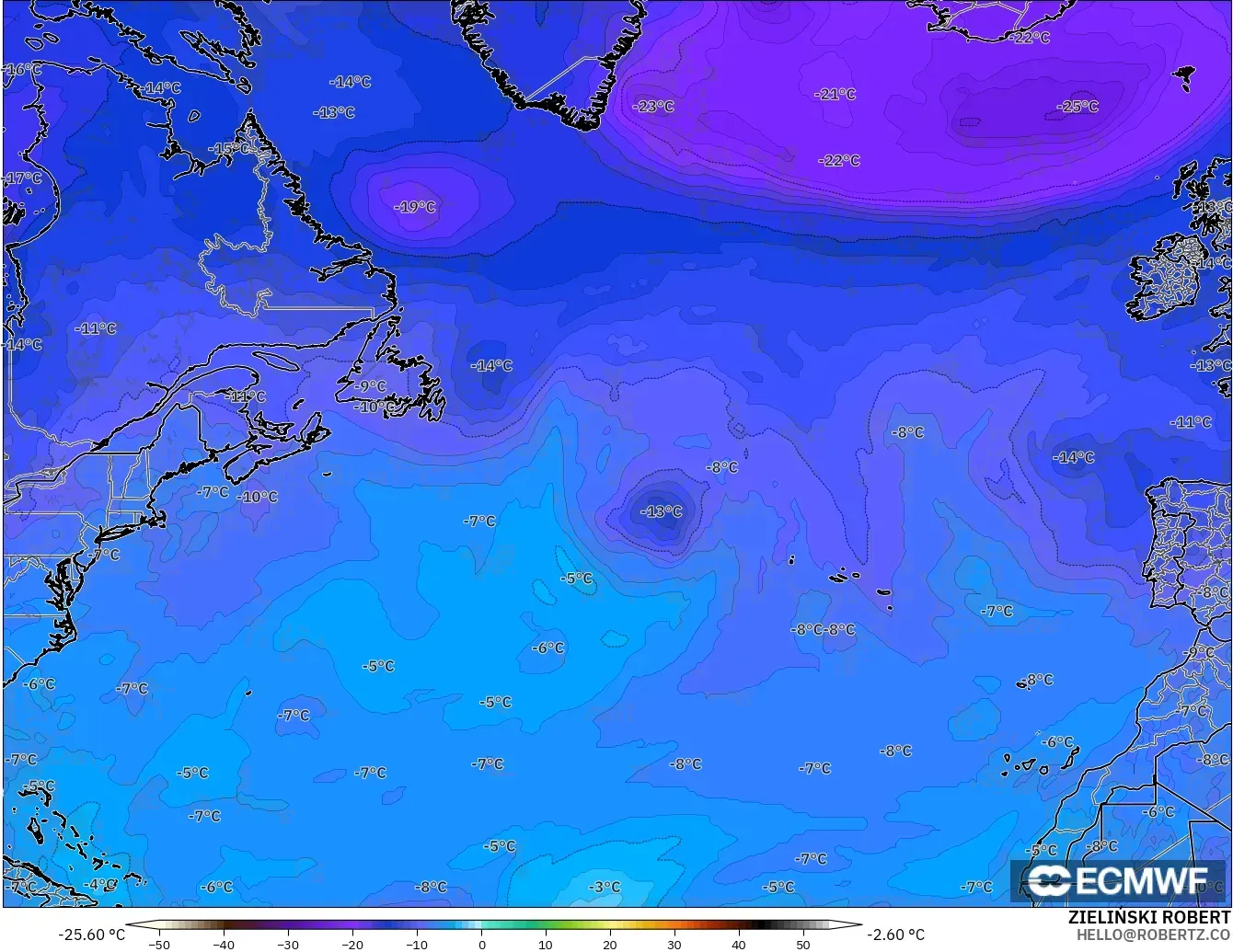 ECMWF IFS 0.25° modelo - Norte Atlántico, Temperatura a 500 hPa