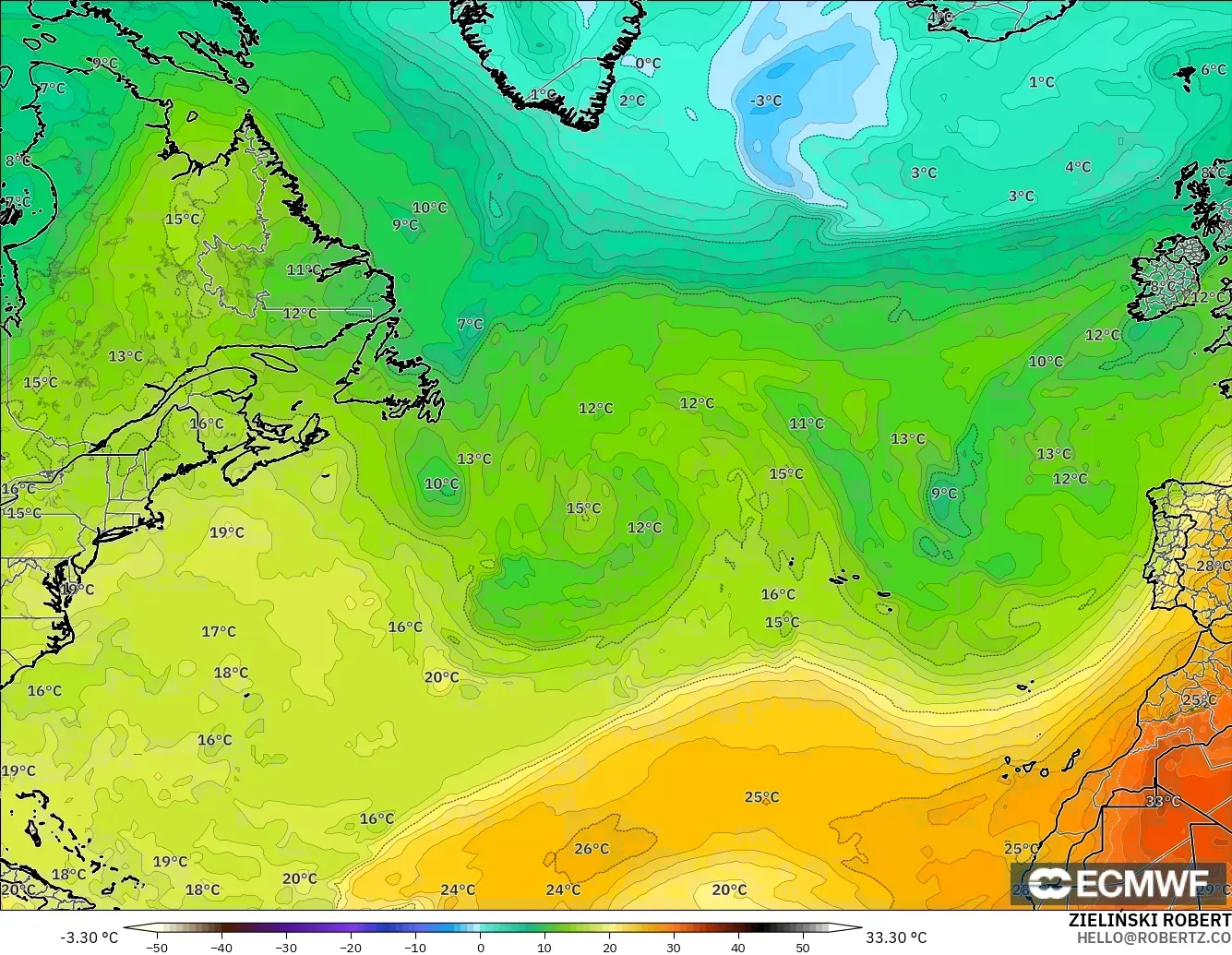 ECMWF IFS 0.25° modelo - Norte Atlántico, Temperatura a 850 hPa