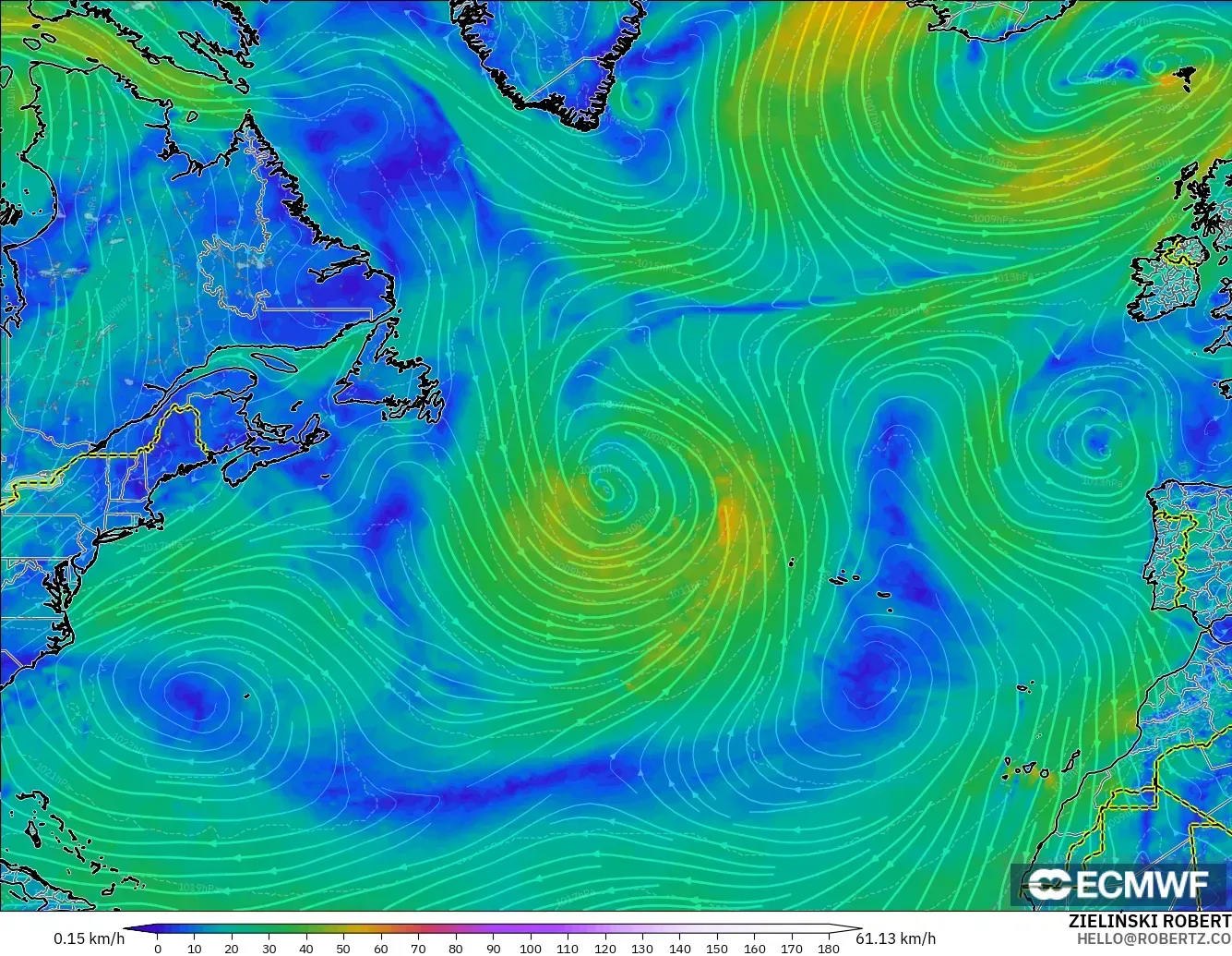 ECMWF IFS 0.25° modelo - Norte Atlántico, Viento a 10 m